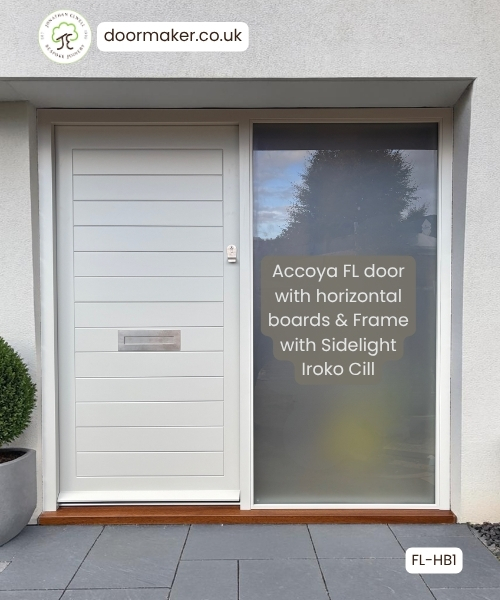 Contemporary Front Door - FL-HB (Framed Ledged Horizontal Boarded) Style and Frame with Fully Glazed Sidelight - Made from Accoya