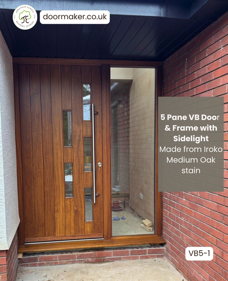 Contemporary 5 Pane Vertical Boarded Door and Frame with 
Fully Glazed Sidelight - Made from Iroko