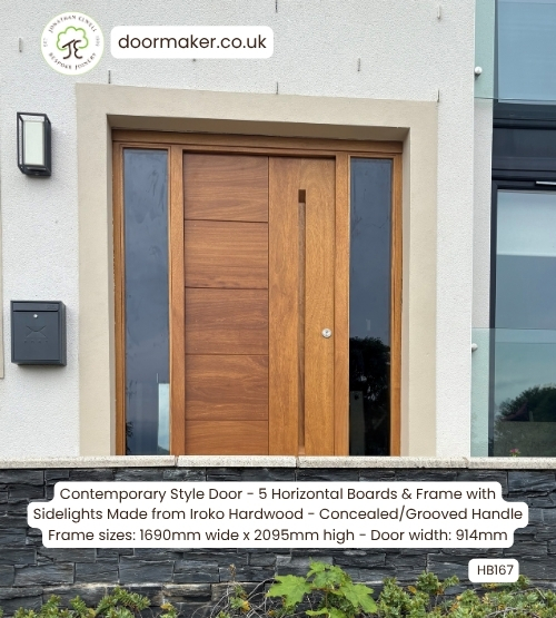 contemporary door with sidelights made from iroko hardwood